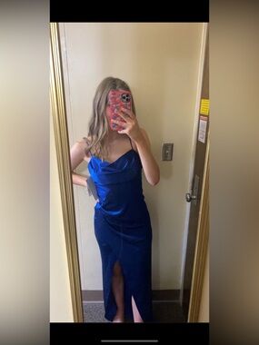 NWT Blue Ruched Stretch Satin Formal Dress